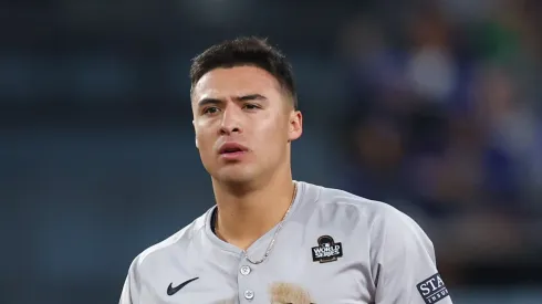 Anthony Volpe #11 of the New York Yankees steals second in the tenth inning against the Los Angeles Dodgers during Game One of the 2024 World Series at Dodger Stadium on October 25, 2024 in Los Angeles, California.