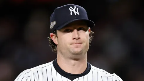 Gerrit Cole #45 of the New York Yankees reacts in the third inning against the Cleveland Guardians during Game Two of the American League Championship Series at Yankee Stadium on October 15, 2024 in New York City.