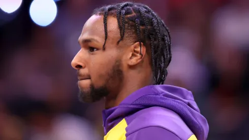 Bronny James #9 of the Los Angeles Lakers warms up prior to the game against the Phoenix Suns at Footprint Center on October 28, 2024 in Phoenix, Arizona.