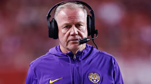 Head Coach Brian Kelly of the LSU Tigers on the sidelines in the second half during a game against the Arkansas Razorbacks at Donald W. Reynolds Razorback Stadium on October 19, 2024 in Fayetteville, Arkansas. The Tigers defeated the Razorbacks 34-10.