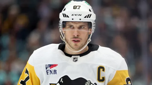 Sidney Crosby #87 of the Pittsburgh Penguins looks on during the first period Kraken at Climate Pledge Arena on February 29, 2024 in Seattle, Washington.