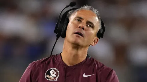 Head coach Mike Norvell of the Florida State Seminoles reacts as he walks on the sideline during the second half against the Southern Methodist Mustangs at Gerald J. Ford Stadium on September 28, 2024 in Dallas, Texas.