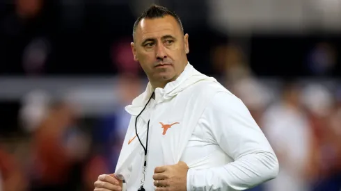 Head coach Steve Sarkisian of the Texas Longhorns looks on before taking on the Oklahoma State Cowboys in the Big 12 Championship at AT&T Stadium on December 2, 2023 in Arlington, Texas.