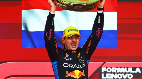 Race winner Max Verstappen of the Netherlands and Oracle Red Bull Racing celebrates on the podium after the F1 Grand Prix of Brazil