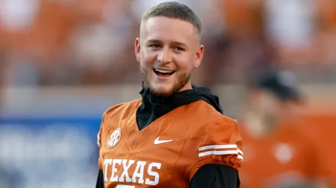 Quinn Ewers #3 of the Texas Longhorns watches players warm up before the game against the Louisiana Monroe Warhawks at Darrell K Royal-Texas Memorial Stadium on September 21, 2024 in Austin, Texas.