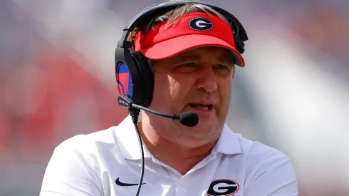 Head coach Kirby Smart of the Georgia Bulldogs reacts during the fourth quarter against the Tennessee Tech Golden Eagles at Sanford Stadium on September 7, 2024 in Athens, Georgia.