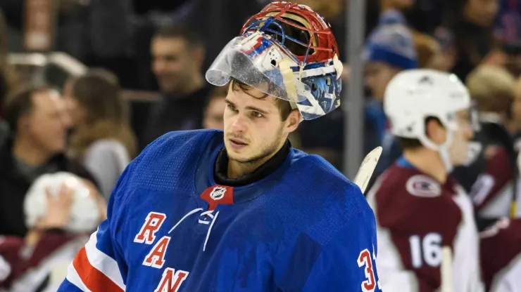 New York Rangers goaltender Igor Shesterkin (31) skates back to the net during the game between The New York Rangers and The Colorado Avalanche at Madison Square Garden in Manhattan, New York.