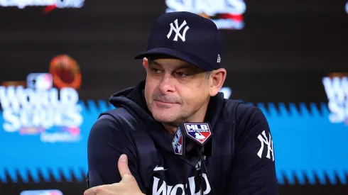 Manager Aaron Boone #17 of the New York Yankees talks to the media after the Los Angeles Dodgers defeated the New York Yankees 7-6 in game 5 to win the 2024 World Series at Yankee Stadium on October 30, 2024 in the Bronx borough of New York City.