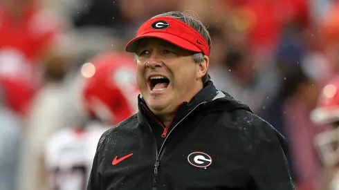Head coach Kirby Smart of the Georgia Bulldogs reacts before the game against the Mississippi Rebels at Vaught-Hemingway Stadium on November 09, 2024 in Oxford, Mississippi.