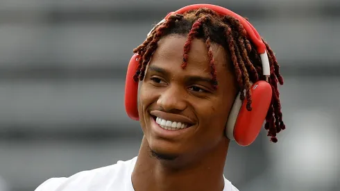 Ryan Williams #2 of the Alabama Crimson Tide works out before game against the Wisconsin Badgers at Camp Randall Stadium on September 14, 2024 in Madison, Wisconsin.