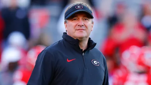 Head coach Kirby Smart of the Georgia Bulldogs looks on prior to the game against the Kentucky Wildcats at Sanford Stadium on October 7, 2023.