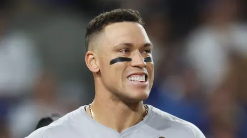 Aaron Judge #99 of the New York Yankees reacts after striking out in the fifth inning against the Los Angeles Dodgers during Game Two of the 2024 World Series at Dodger Stadium on October 26, 2024 in Los Angeles, California.