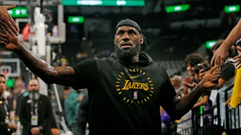 LeBron James #23 of the Los Angeles Lakers takes greets fans before their game against the San Antonio Spurs in the Emirates NBA Cup at the Frost Bank Center on November 15, 2024 in San Antonio, Texas.
