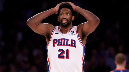 Joel Embiid #21 of the Philadelphia 76ers reacts after he turned the ball over to the New York Knicks during the second half at Madison Square Garden on April 30, 2024 in New York City. The Philadelphia 76ers defeated the New York Knicks 112-106 in overtime.