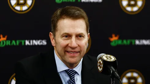 Boston Bruins interim head coach Joe Sacco smiles at his news conference following their 1-0 win over the Utah Hockey Club at TD Garden on November 21, 2024 in Boston, Massachusetts. (Photo By Winslow Townson/Getty Images)