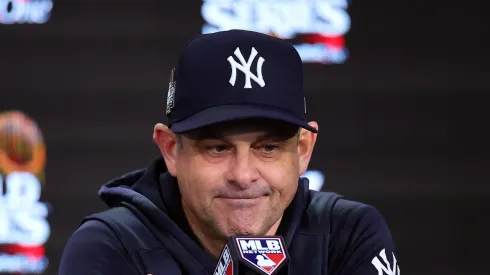 Manager Aaron Boone #17 of the New York Yankees talks to the media after the Los Angeles Dodgers defeated the New York Yankees 7-6 in game 5 to win the 2024 World Series at Yankee Stadium on October 30, 2024 in the Bronx borough of New York City.