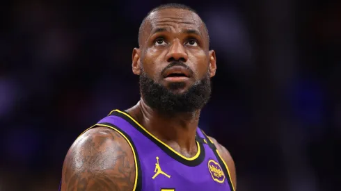 LeBron James #23 of the Los Angeles Lakers looks on against the Detroit Pistons during the second quarter at Little Caesars Arena on November 04, 2024 in Detroit, Michigan.