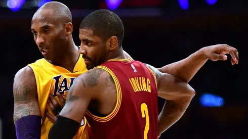 Kobe Bryant #24 of the Los Angeles Lakers gueards Kyrie Irving #2 of the Cleveland Cavaliers during a 120-108 Cavaliers win at Staples Center on March 10, 2016 in Los Angeles, California.