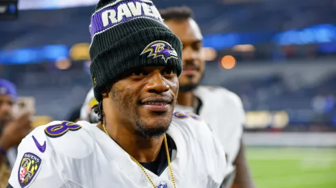 Baltimore Ravens quarterback Lamar Jackson (8) leaves the football field after the NFL, American Football Herren, USA game between the Baltimore Ravens and the Los Angeles Chargers on November 25, 2024, at SoFi Stadium in Inglewood, CA.