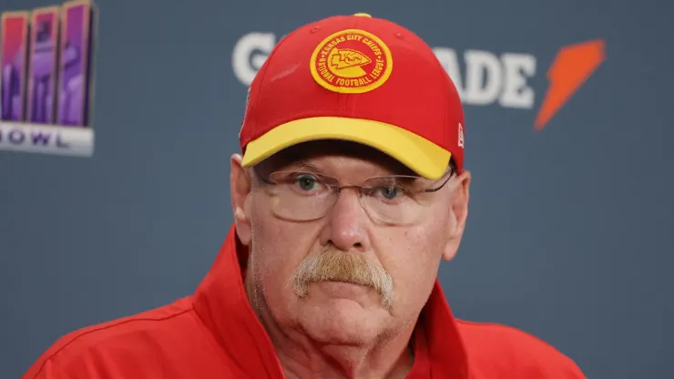 Head coach Andy Reid of the Kansas City Chiefs speaks with the media after the Kansas City Chiefs defeated the San Francisco 49ers 25-22 in overtime during Super Bowl LVIII at Allegiant Stadium on February 11, 2024 in Las Vegas, Nevada.
