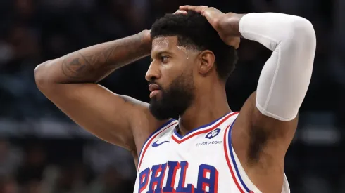 Paul George #8 of the Philadelphia 76ers reacts to a 76er foul during a 110-98 LA Clippers win at Intuit Dome on November 06, 2024 in Inglewood, California.
