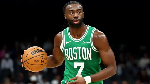 Jaylen Brown of Boston Celtics controls the ball during the NBA match between Denver Nuggets and Boston Celtics at Etihad Arena on October 04, 2024 in Abu Dhabi, United Arab Emirates.