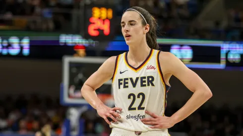 Caitlin Clark of Indiana Fever reacts during a WNBA match against the Sky