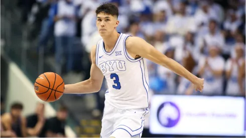 Egor Demin #3 of the Brigham Young Cougars brings the ball up the court against the Central Arkansas Bears during the second half of their game at the Marriott Center on November 5, 2024 in Provo, Utah