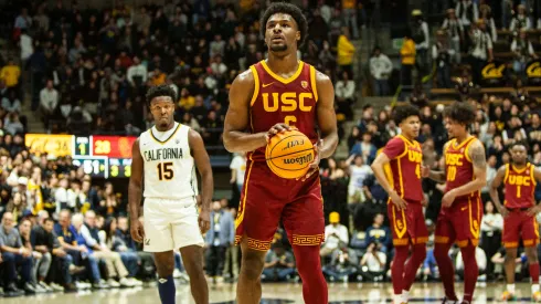 USC guard Bronny James (6) at the free-throw line during the NCAA Basketball game between USC Trojans and the California Golden Bears on February 07, 2024.