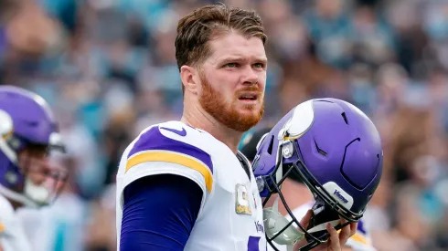 Minnesota Vikings quarterback Sam Darnold (14) looks to the scoreboard as they review an interception during an NFL, American Football Herren, USA game between the Minnesota Vikings and the Jacksonville Jaguars on November 10th, 2024 at EverBank Stadium in Jacksonville, FL.