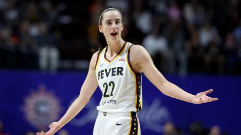 Caitlin Clark #22 of the Indiana Fever reacts in the second half against the Connecticut Sun at Mohegan Sun Arena on May 14, 2024