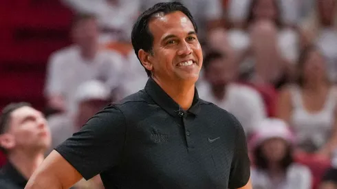 Head Coach Erik Spoelstra of the Miami Heat reacts to a foul call during game three of the Eastern Conference Semifinals against the New York Knicks at Kaseya Center on May 06, 2023.