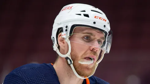 Edmonton Oilers center Connor McDavid (97) waits for a face-off during their NHL game against the Vancouver Canucks at Rogers Arena on May 4, 2021 in Vancouver, British Columbia, Canada.
