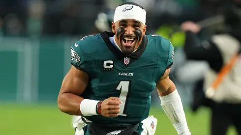 Jalen Hurts #1 of the Philadelphia Eagles reacts before the game against the Pittsburgh Steelers at Lincoln Financial Field on December 15, 2024.