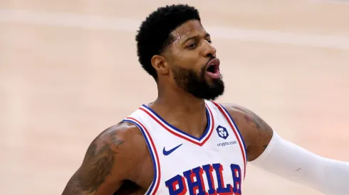 Paul George #8 of the Philadelphia 76ers calls directs a play as he brings the ball up court during the first quarter against the LA Clippers at Intuit Dome on November 06, 2024 in Inglewood, California.
