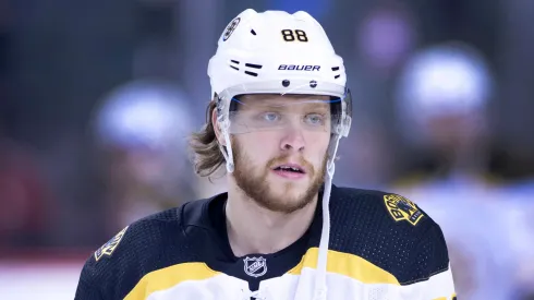 Boston Bruins player David Pastrnak, from Czech Republic, at a game against the Calgary Flames in Calgary, Alta. on Fri., Feb.21, 2020.