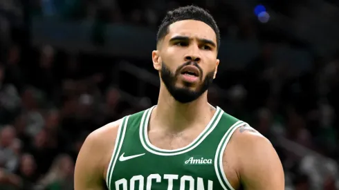 Jayson Tatum #0 of the Boston Celtics reacts during the third quarter against the New York Knicks