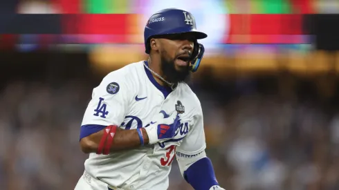 Teoscar Hernández #37 of the Los Angeles Dodgers reacts to hitting a home run in the third inning against the New York Yankees during Game Two of the 2024 World Series at Dodger Stadium on October 26, 2024 in Los Angeles, California.