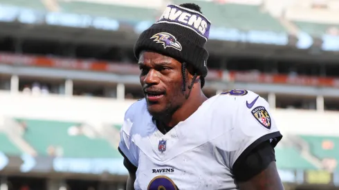 Baltimore Ravens quarterback Lamar Jackson (8) walks off the field after the game against the Baltimore Ravens and the Cincinnati Bengals on October 6, 2024, at Paycor Stadium in Cincinnati, OH.