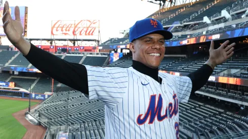 Juan Soto of the New York Mets poses with his new uniform after his introductory press conference at Citi Field on December 12, 2024 in New York City.