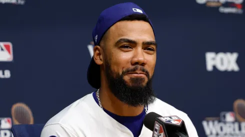Teoscar Hernandez #37 of the Los Angeles Dodgers speaks to the media during a press conference after Game Two of the 2024 World Series between the Los Angeles Dodgers and the New York Yankees at Dodger Stadium on October 26, 2024 in Los Angeles, California.