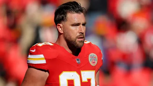 Travis Kelce #87 of the Kansas City Chiefs warms up prior to the game against the Las Vegas Raiders at GEHA Field at Arrowhead Stadium on November 29, 2024 in Kansas City, Missouri.