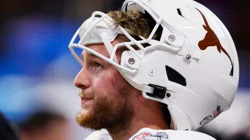 Quinn Ewers #3 of the Texas Longhorns looks on prior to the Chick-fil-A Peach Bowl against the Arizona State Sun Devils at Mercedes-Benz Stadium on January 01, 2025 in Atlanta, Georgia.