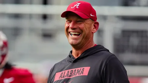 Head coach Kalen DeBoer of the Alabama Crimson Tide is all smiles prior to kickoff against the Western Kentucky Hilltoppers at Bryant-Denny Stadium on August 31, 2024 in Tuscaloosa, Alabama.
