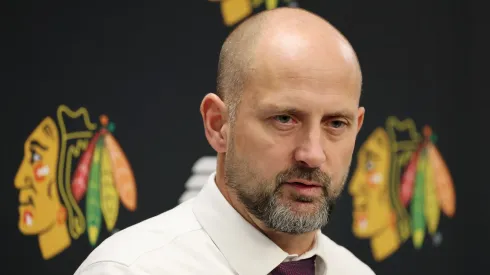 Interim head coach Anders Sorensen of the Chicago Blackhawks speaks to the media after losing to the Winnipeg Jets at the United Center on December 07, 2024 in Chicago, Illinois.