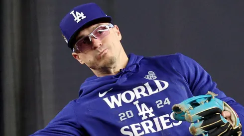 Enrique Hernández #8 of the Los Angeles Dodgers fields a hit during the World Series Workout Day at Yankee Stadium on October 27, 2024 in the Bronx borough of New York City.