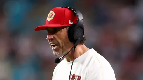 Head coach Kyle Shanahan of the San Francisco 49ers reacts to a play during the third quarter against the Miami Dolphins at Hard Rock Stadium on December 22, 2024 in Miami Gardens, Florida.