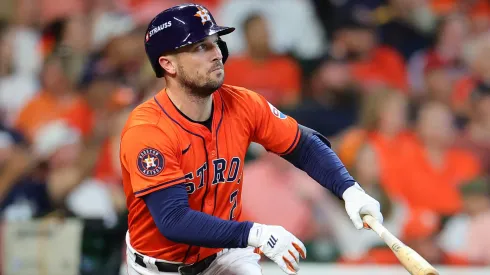 Alex Bregman #2 of the Houston Astros flies out against the Detroit Tigers in the fourth inning during Game Two of the Wild Card Series at Minute Maid Park on October 02, 2024 in Houston, Texas.