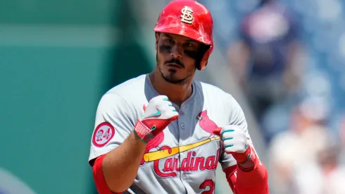 Nolan Arenado #28 of the St. Louis Cardinals gestures after hitting a two-RBI single against the Washington Nationals during the fifth inning at Nationals Park on July 07, 2024 in Washington, DC.