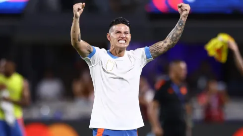 James Rodriguez of Colombia celebrates the team's progression to the final following the CONMEBOL Copa America 2024 semifinal match between Uruguay and Colombia at Bank of America Stadium on July 10, 2024 in Charlotte, North Carolina.
